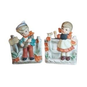 MCM Dee Bee Co Girl & Boy Porcelain Planters Hand Painted Figurines Japan 6"
